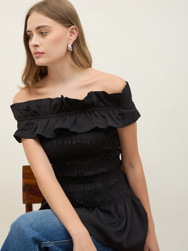 Styli Off Shoulder Smocked Detail Longline Top - Image 4